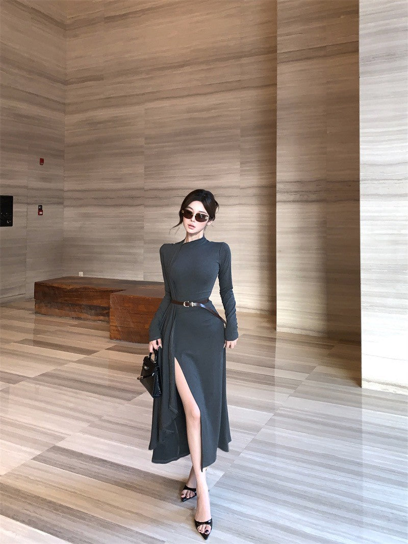 26Jan. 御姐風範不規則開叉包襟連身裙 灰