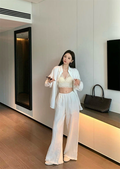 Jun. 100萦麻outfits系列 多版設計涼爽蕾絲拼袖襯衫 抽繩休閒褲 米色