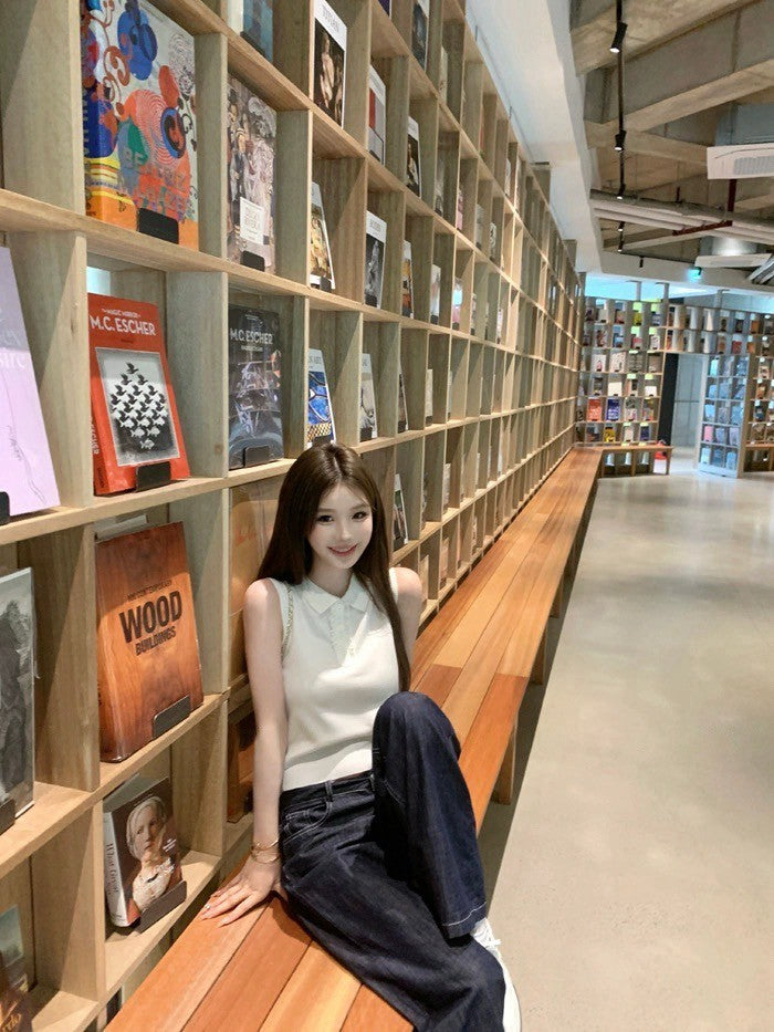 25Aug. 貝妮老錢感polo領背心 米白