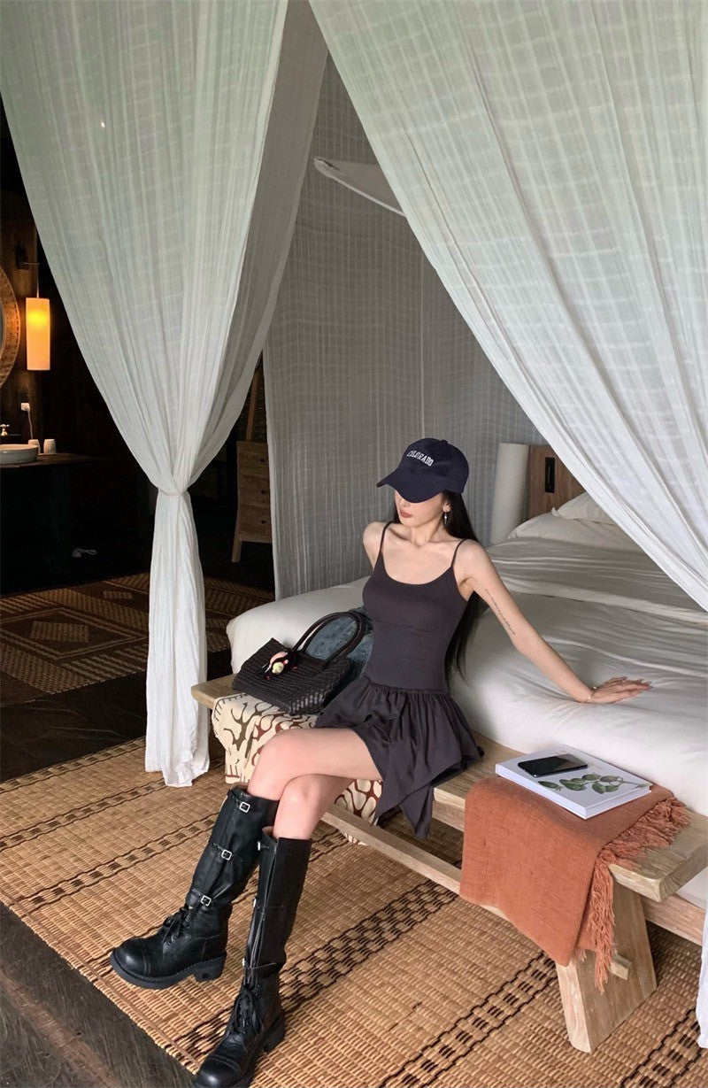 May. 歐美土廢風 少女背心拼接蛋糕連身裙 灰