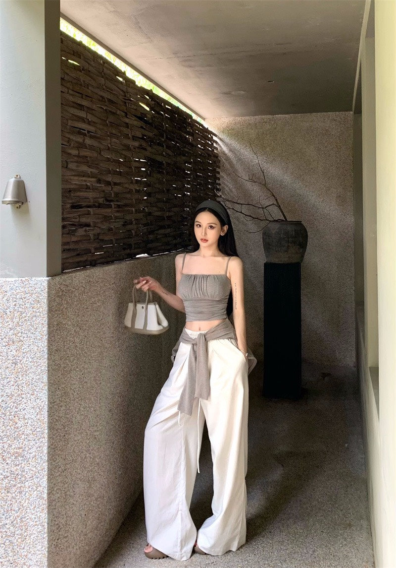 25Nov. 法式純欲感褶皺背心開衫2件組 休閒闊腿褲 灰卡色系