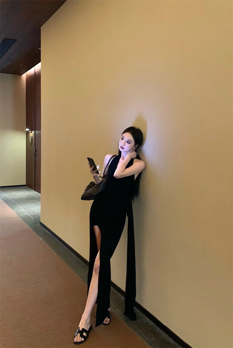 Jun. 雜誌封面女主 歐美修身綁帶針織開叉連身裙 黑