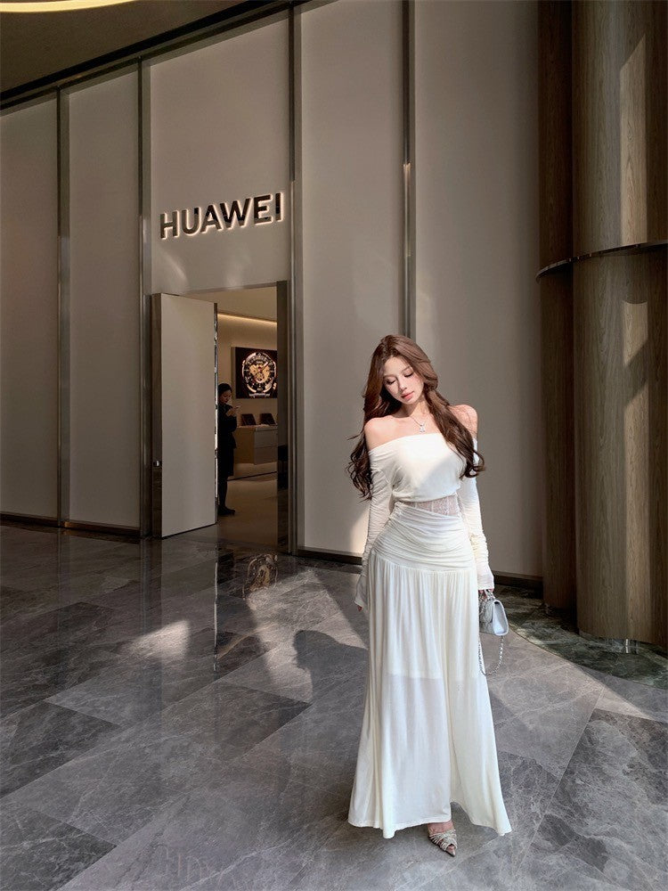 Mar. 香軟Crush 設計感一字領魚骨縷空上衣 褶皺飄逸半身裙 白/淡藍