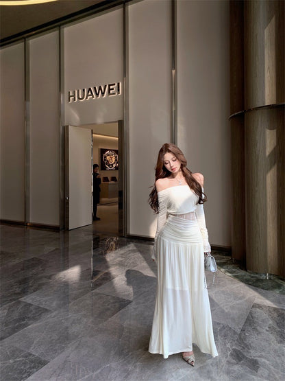 Mar. 香軟Crush 設計感一字領魚骨縷空上衣 褶皺飄逸半身裙 白/淡藍