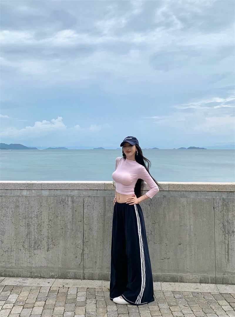25Jul. 美式簡約百搭彈力上衣 粉/白 高腰闊腿褲
