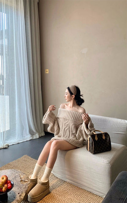 25Dec. Romantic慵懶純慾vibe一字領麻花針織上衣 卡