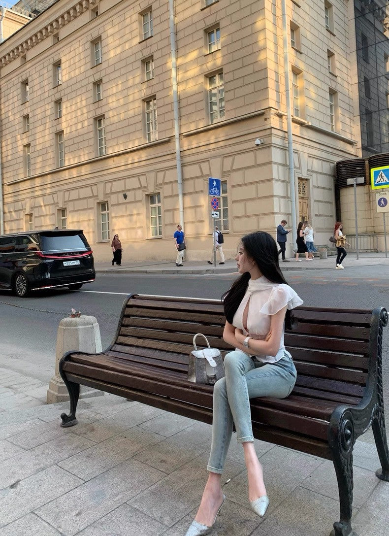 25Aug. guizi*性感縷空收腰飄帶上衣 白