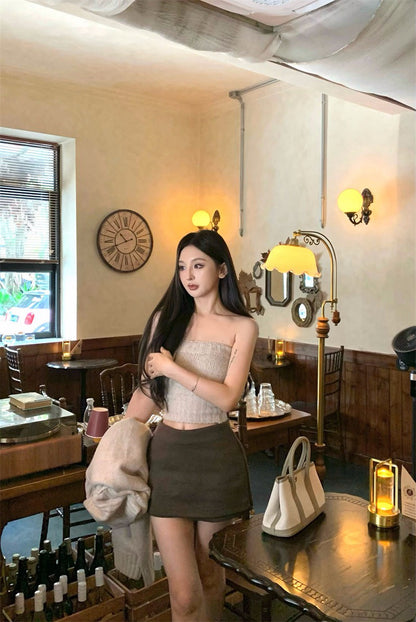 25Nov. 溫柔厚磅軟糯糯抹胸開衫2件組 咖色半身褲裙