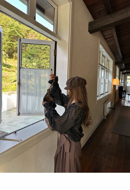 25Dec. 浪漫波卡氣質荷葉雪紡泡泡襯衫 黑