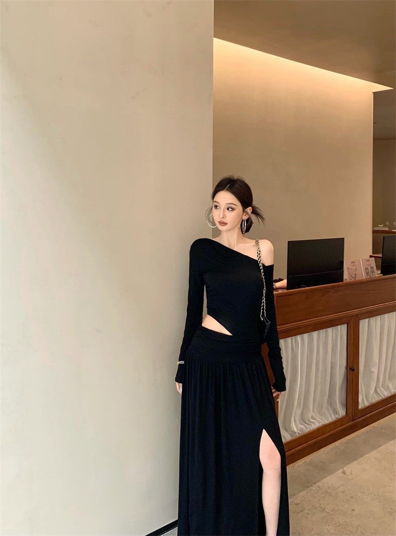 Jun. 戛納女神裙 氣質縷空抓皺開叉連身裙 黑