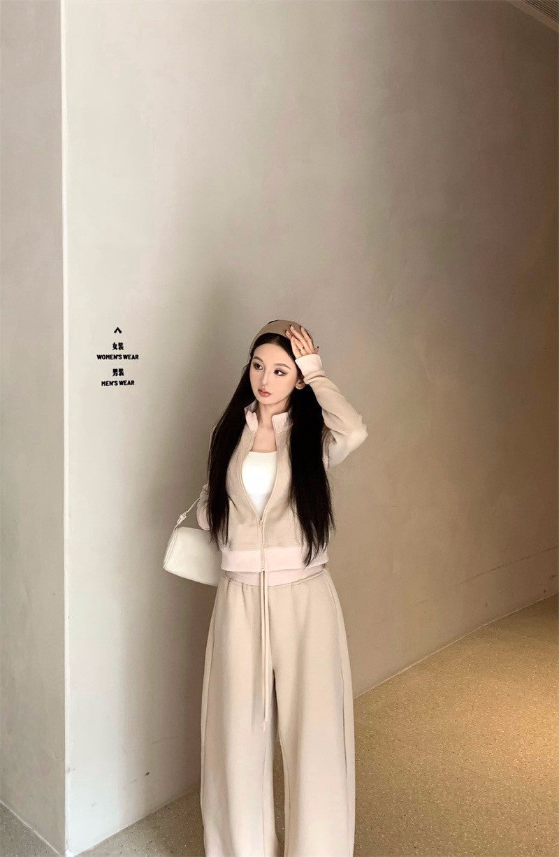 26Jan. 休閒運動華夫格立領外套休閒褲套裝 藏青/杏