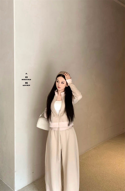 26Jan. 休閒運動華夫格立領外套休閒褲套裝 藏青/杏