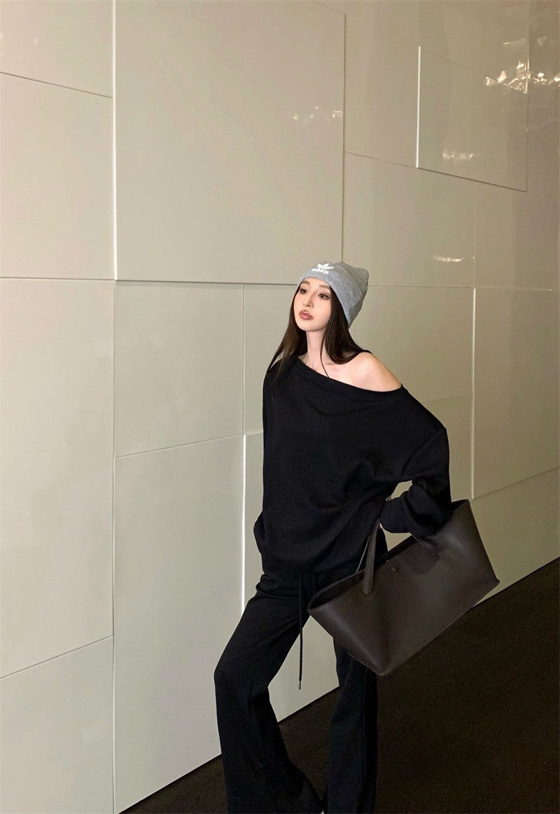 25Jul. 美式時髦穿 休閒純色上衣喇叭褲套裝 黑