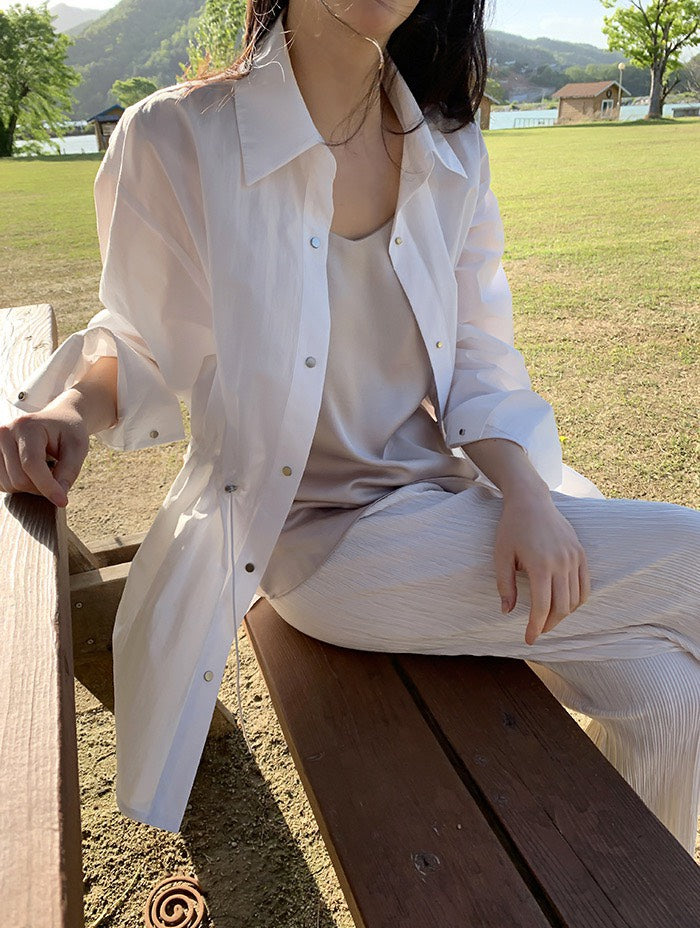 25Sep. 韓系露營chic休閒抽繩收腰中長外套 卡其/白/黑