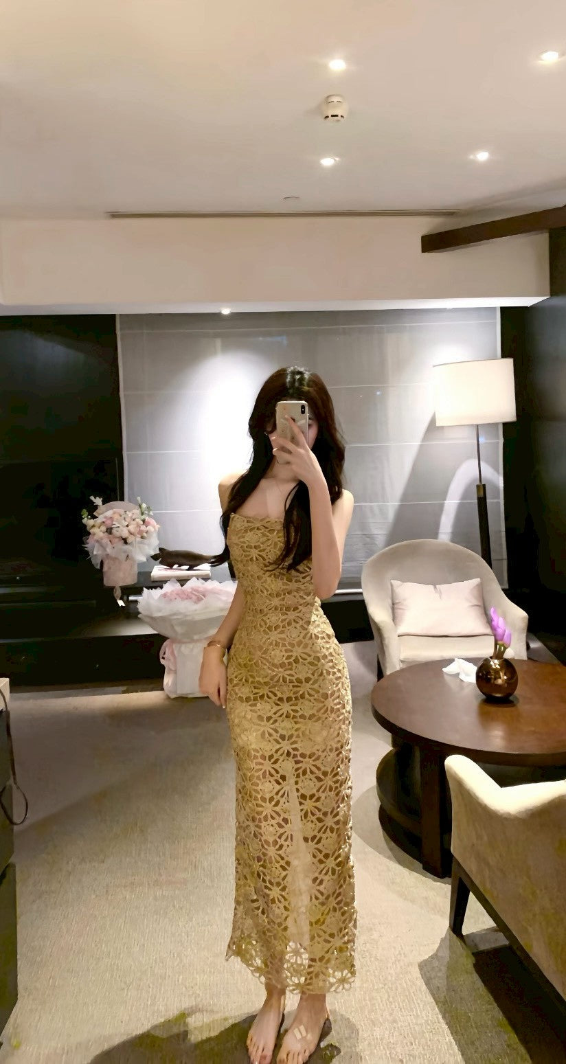 26Feb. 瑰麗金絲繡花抹胸開叉連身裙/吊帶連身裙 2版型