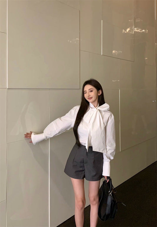 May. 復古法式大蝴蝶結綁帶+襯衫 高腰西裝短褲
