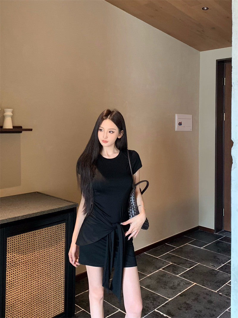 25Aug. 懶人單品 超模彈力圓領連身裙附繫帶 咖/黑