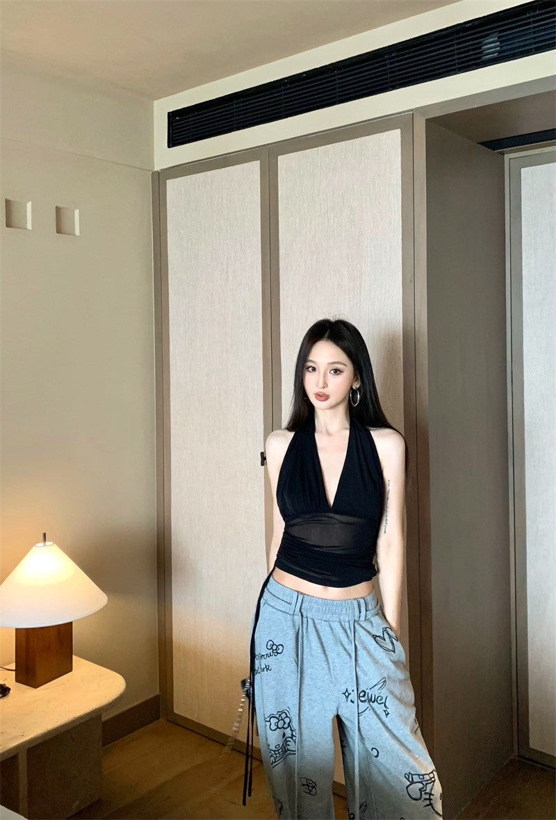 Jun. 繆斯情話 復古大挖背網紗掛脖背心 黑