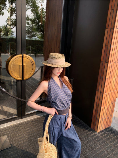 Jun. Spicy辣妹私服 復古格紋掛脖上衣 高腰休閒褲