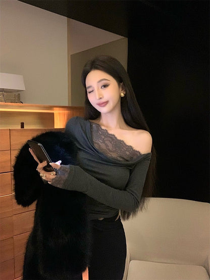 Apr. 輕透舒芙蕾 簡約純色蕾絲拼接領長袖上衣 黑/灰