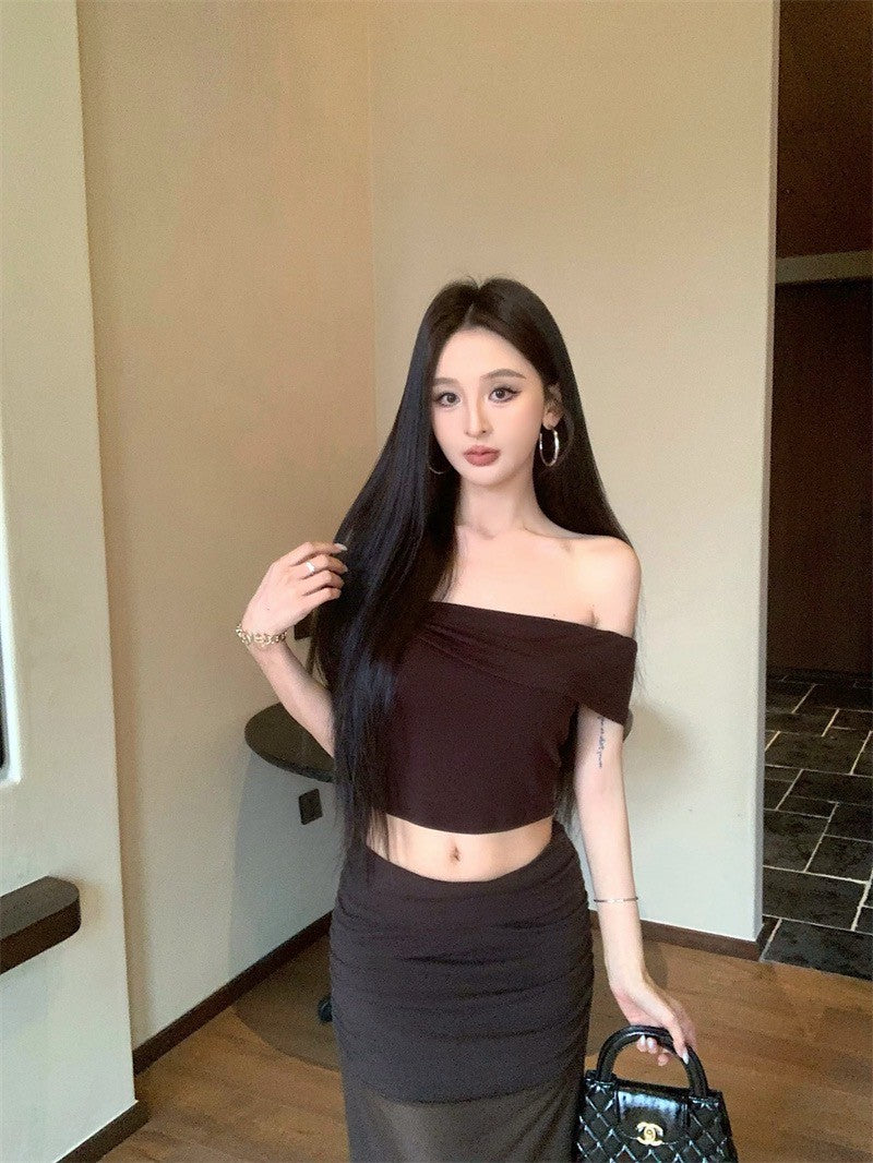 Jun. 淺辣girl 復古一字領透紗半身裙套裝 咖