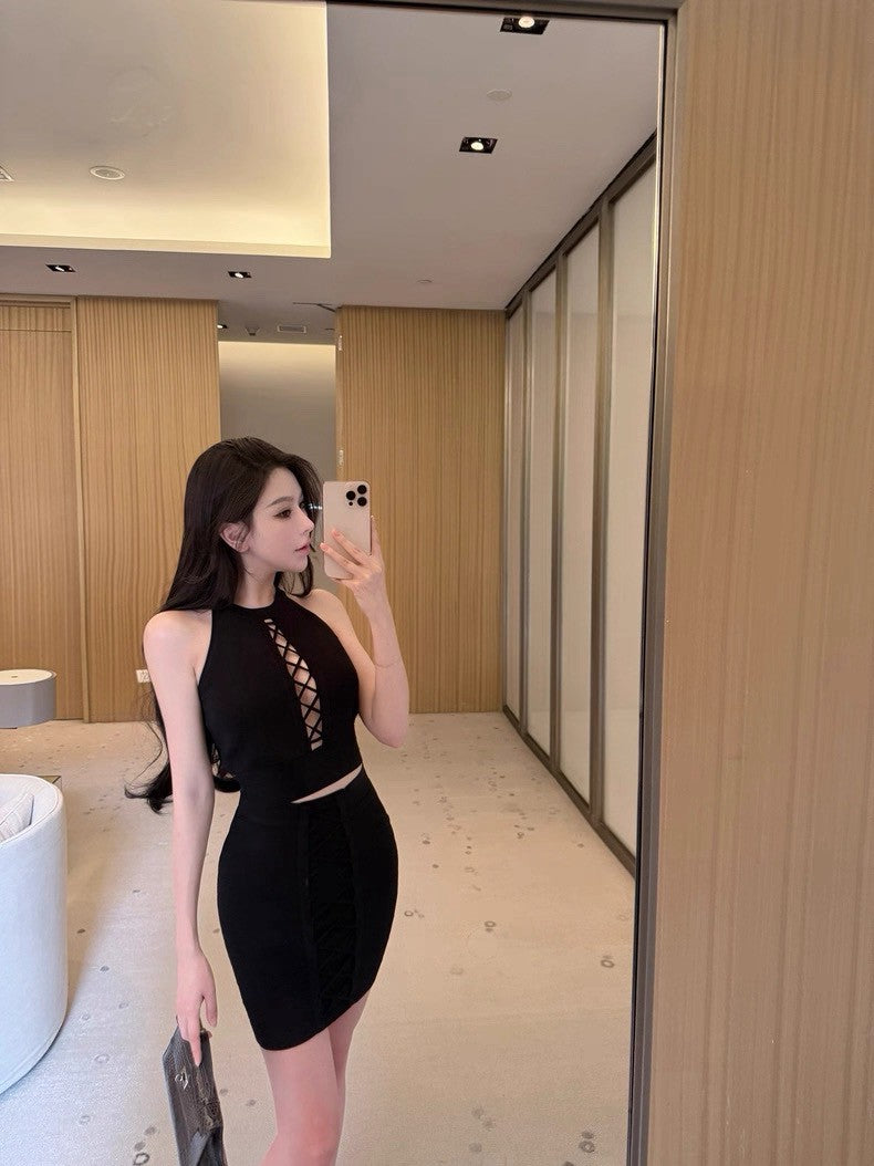 25Sep. 性感小巴 交叉縷空背心半身裙套裝 粉/黑