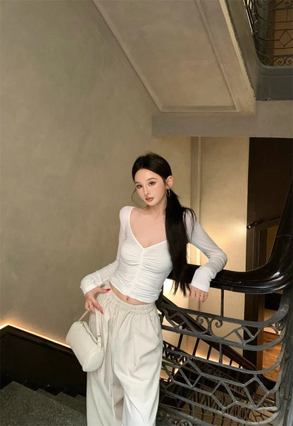 25Nov. 修身V領褶皺顯瘦長袖上衣 灰/米/粉