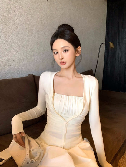 25Nov. 法式純欲感褶皺背心開衫2件組 休閒闊腿褲 米白色系