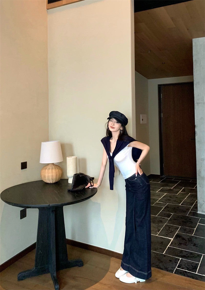 Jun. 時髦牛仔原色顯瘦喇叭褲 簡約藍色披肩
