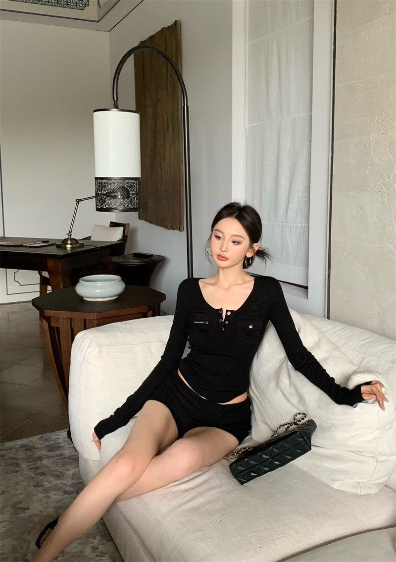 Apr. 復興時代美式U領口袋上衣中腰短褲套裝 黑