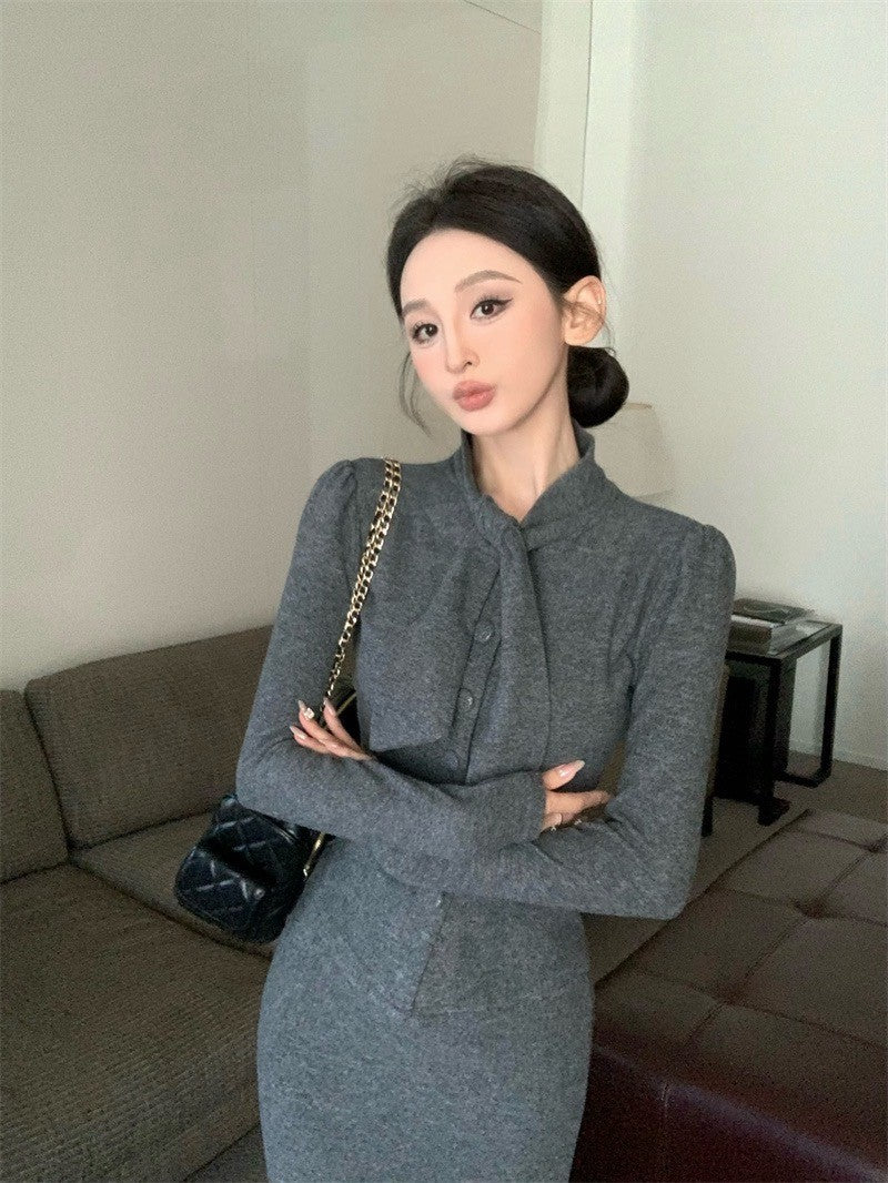 Feb. 氣質雅模 赫本領排扣針織外套半身裙套裝 灰