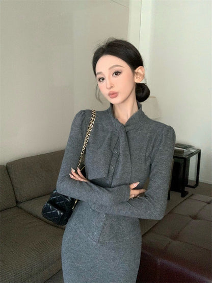 Feb. 氣質雅模 赫本領排扣針織外套半身裙套裝 灰