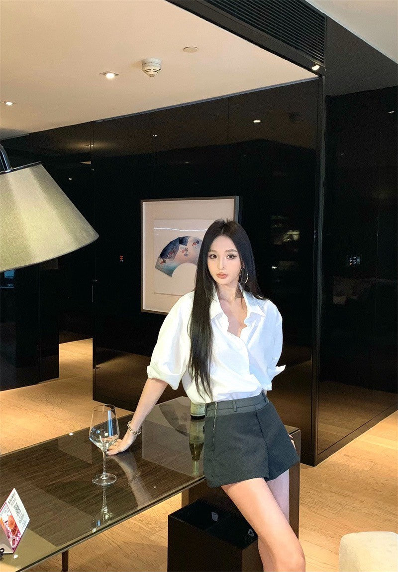 25Jul. 休閒時尚 簡約設計襯衫 拼色褲頭短褲