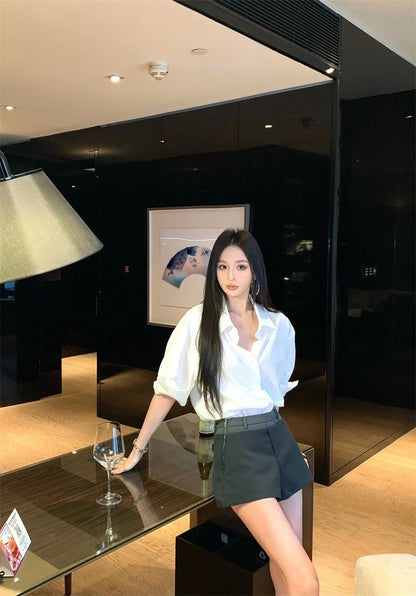 25Jul. 休閒時尚 簡約設計襯衫 拼色褲頭短褲