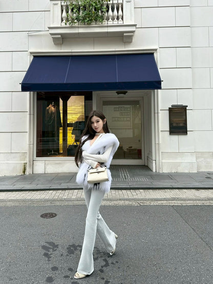 26Jan. 灰藍特殊定染修身高腰喇叭褲