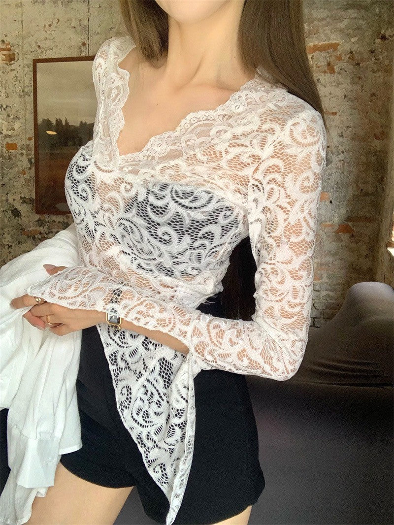 Jun. 慵懶清爽白色口袋襯衫 蕾絲打底花袖白色上衣