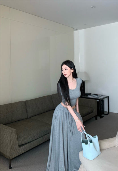 Jun. 溫柔小姊姊U領顯瘦鬆緊垂墜休閒褲套裝 灰