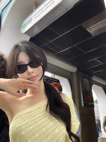 25Aug. 拉夫vintage勞倫單肩針織上衣 白/黃