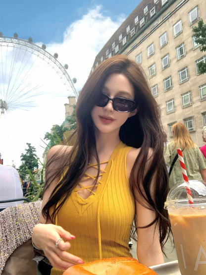 25Oct. 預設性感 綁帶純慾修身針織裙 黃/黑