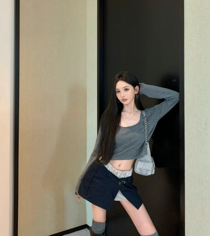 Jun. 可拆式設計款2件套褲裙 簡約U領寬鬆上衣 灰