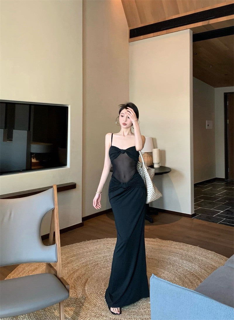 25Aug. 歐美女明星性感拼接紗吊帶連身裙 黑