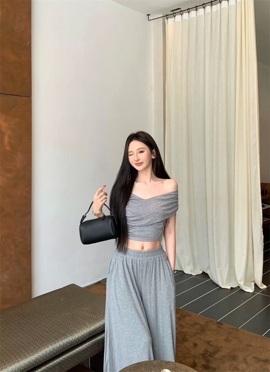 25Sep. 中古氣質交叉設計上衣棉料半身裙套裝 灰