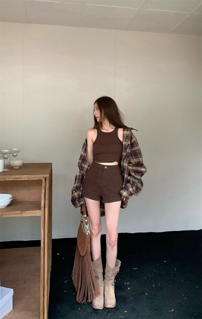 Mar. 復古美拉德 慵懶寬鬆格紋襯衫 消肩背心 修身短褲