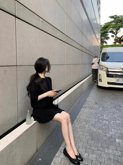 25Aug. 日常美美通勤長袖針織半身裙套裝 米/黑