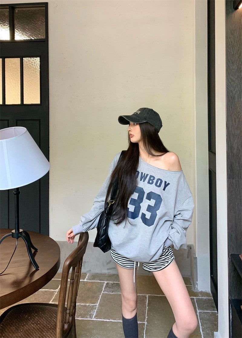 25Jul. 日常鬆弛感斜肩撞色字母衛衣 灰