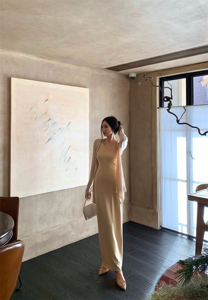 25Nov. 嫩奶黃氣質針織斜領連身裙 防曬開衫