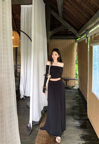 Apr. 法式浪漫 氣質一字翻領高腰抓皺半身裙套裝 黑