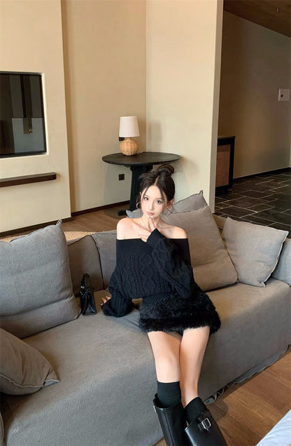 26Jan.精緻姐姐兩穿高彈麻花針織上衣 辣妹毛毛褲裙 黑