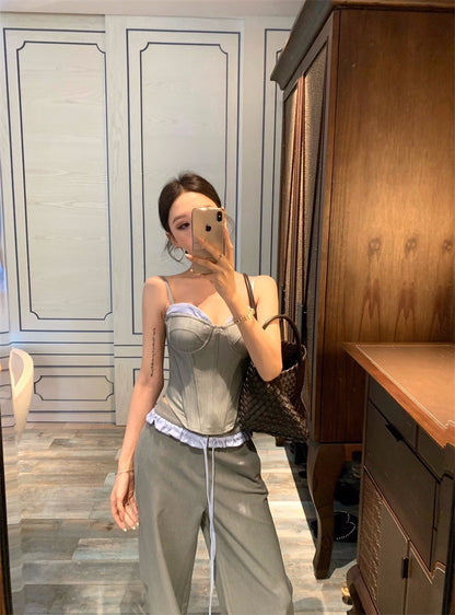 Apr. 復古鹽系 魚骨馬甲吊帶抹胸 拼色休閒褲 灰