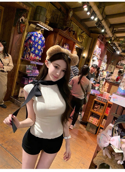 25Sep. 高雅黑白撞色飄帶針織上衣 白